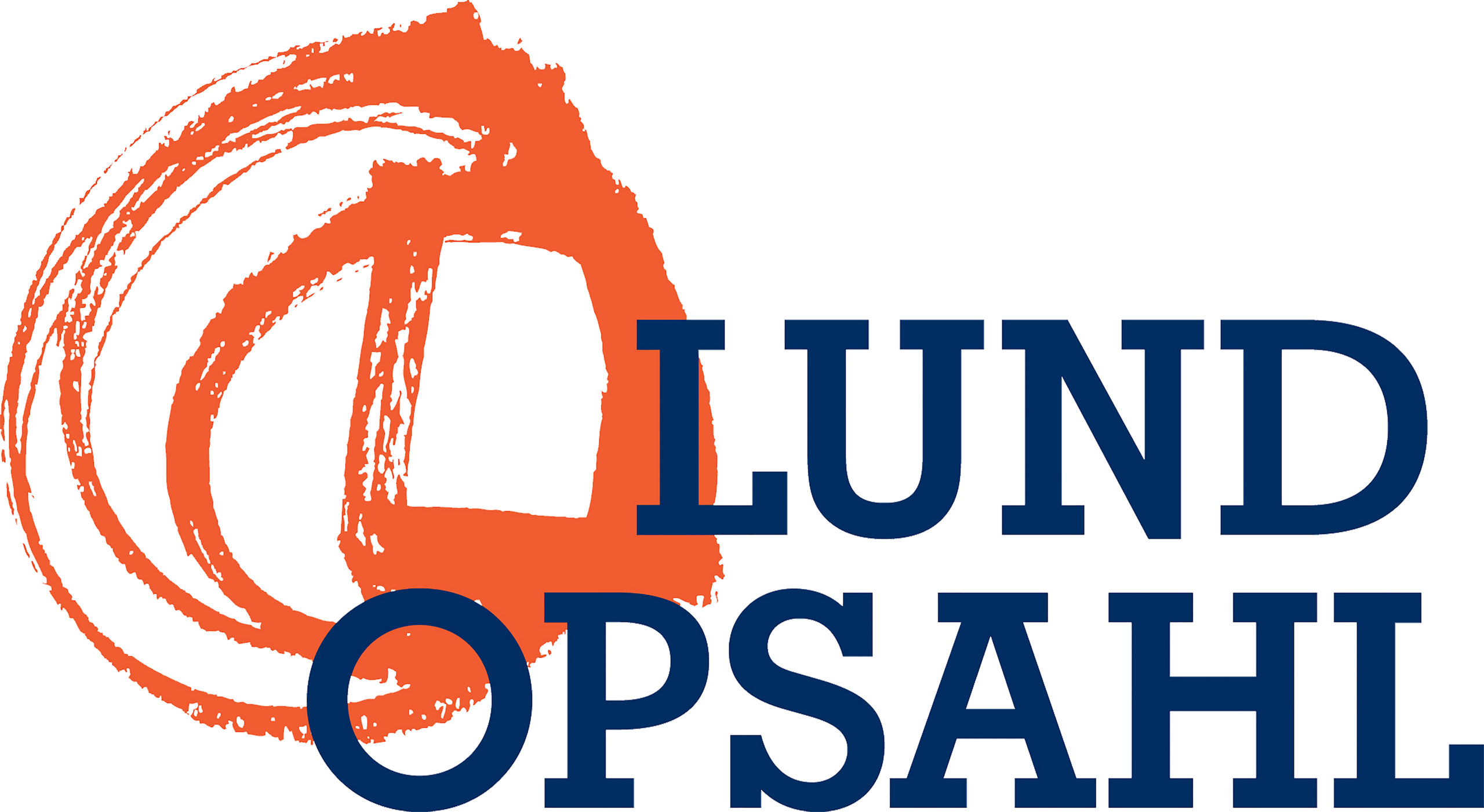 Brand logo featuring an orange circular brushstroke and navy text reading 'LUND OPSAHE'