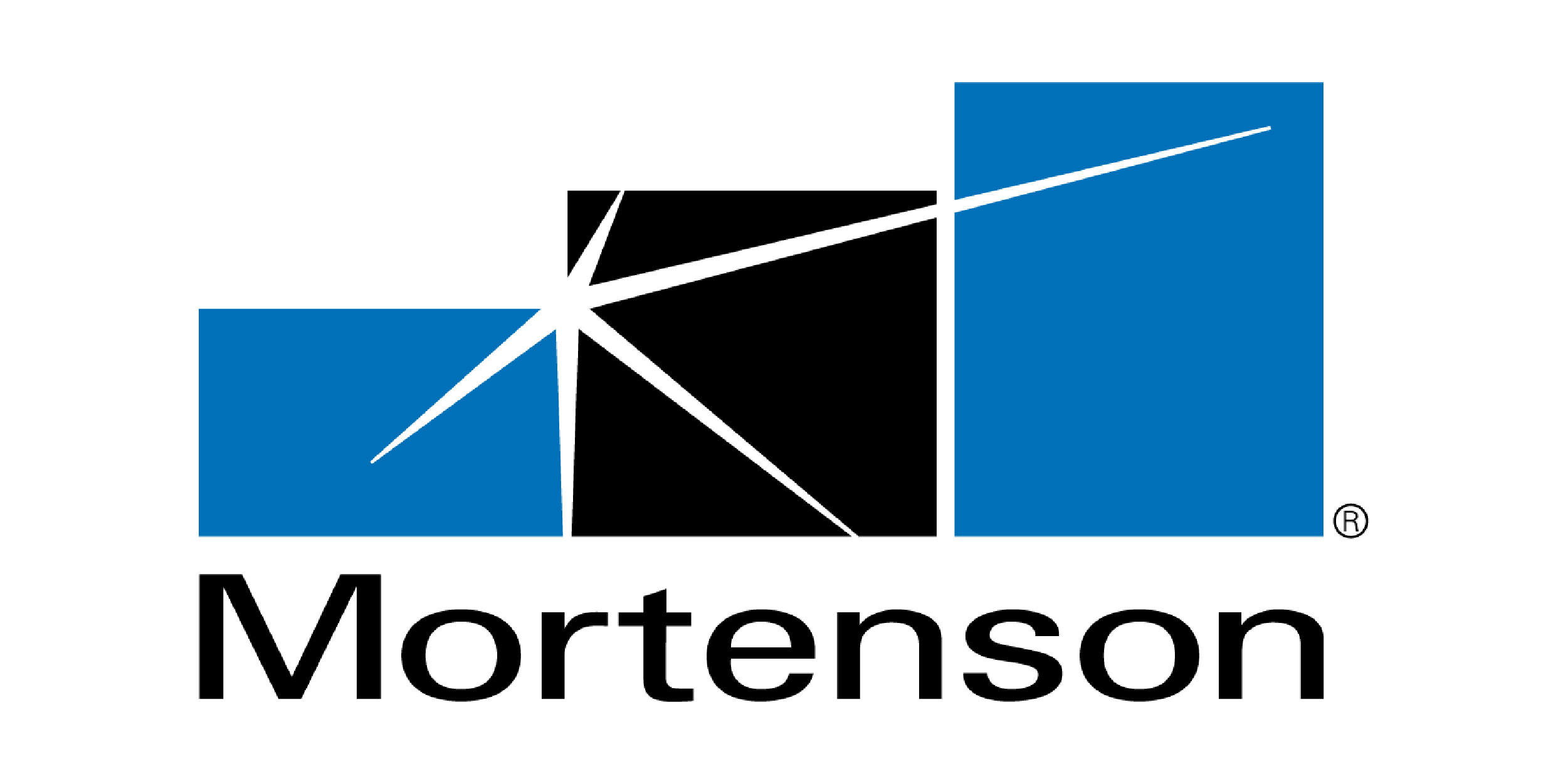 Abstract logo with two blue rectangles connected by diagonal lines meeting at a central point; company wordmark below.
