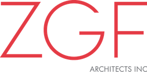 ZGF Architects Inc logo in red with outlined letters ZGF and small 'ARCHITECTS INC' beneath.