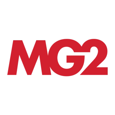 MG2 logo in bold red letters on a black background.